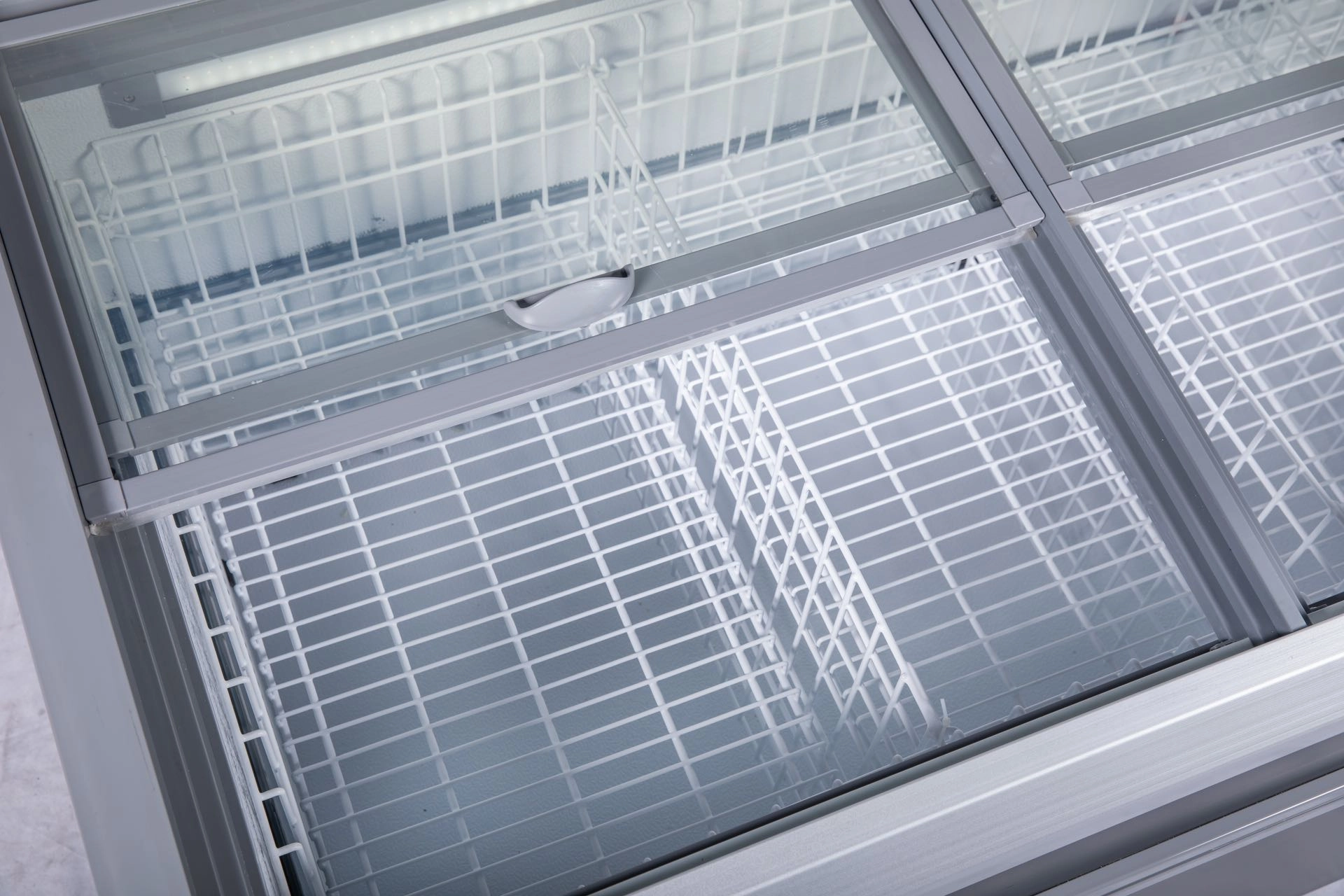 83” wide SUPERMARKET SLIDING GLASS TOP DISPLAY ISLAND FREEZER (Model: IHF-D2209PB )for Frozen Meat, Frozen Pizza, Icecream and Ice Bag