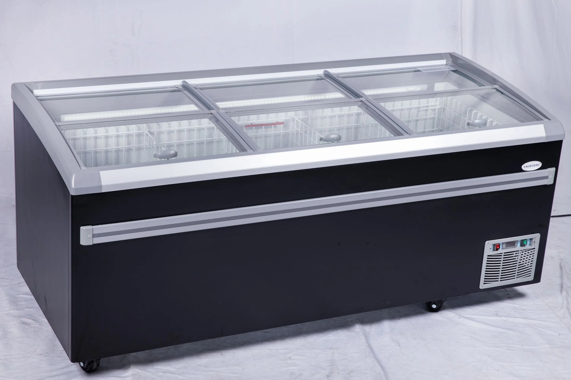 83” wide SUPERMARKET SLIDING GLASS TOP DISPLAY ISLAND FREEZER (Model: IHF-D2209PB )for Frozen Meat, Frozen Pizza, Icecream and Ice Bag