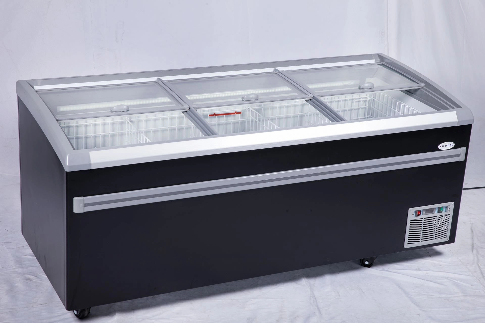83” wide SUPERMARKET SLIDING GLASS TOP DISPLAY ISLAND FREEZER (Model: IHF-D2209PB )for Frozen Meat, Frozen Pizza, Icecream and Ice Bag
