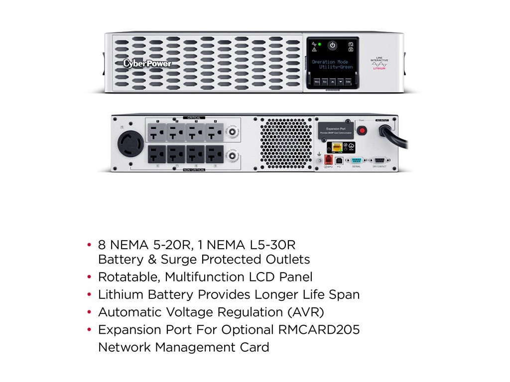 CyberPower Smart App Sinewave PRL3000RT2UC - UPS (rack-mountable / external) - AC 100-120 V - 3000 Watt - 3000 VA - 9 Ah - Ethernet,