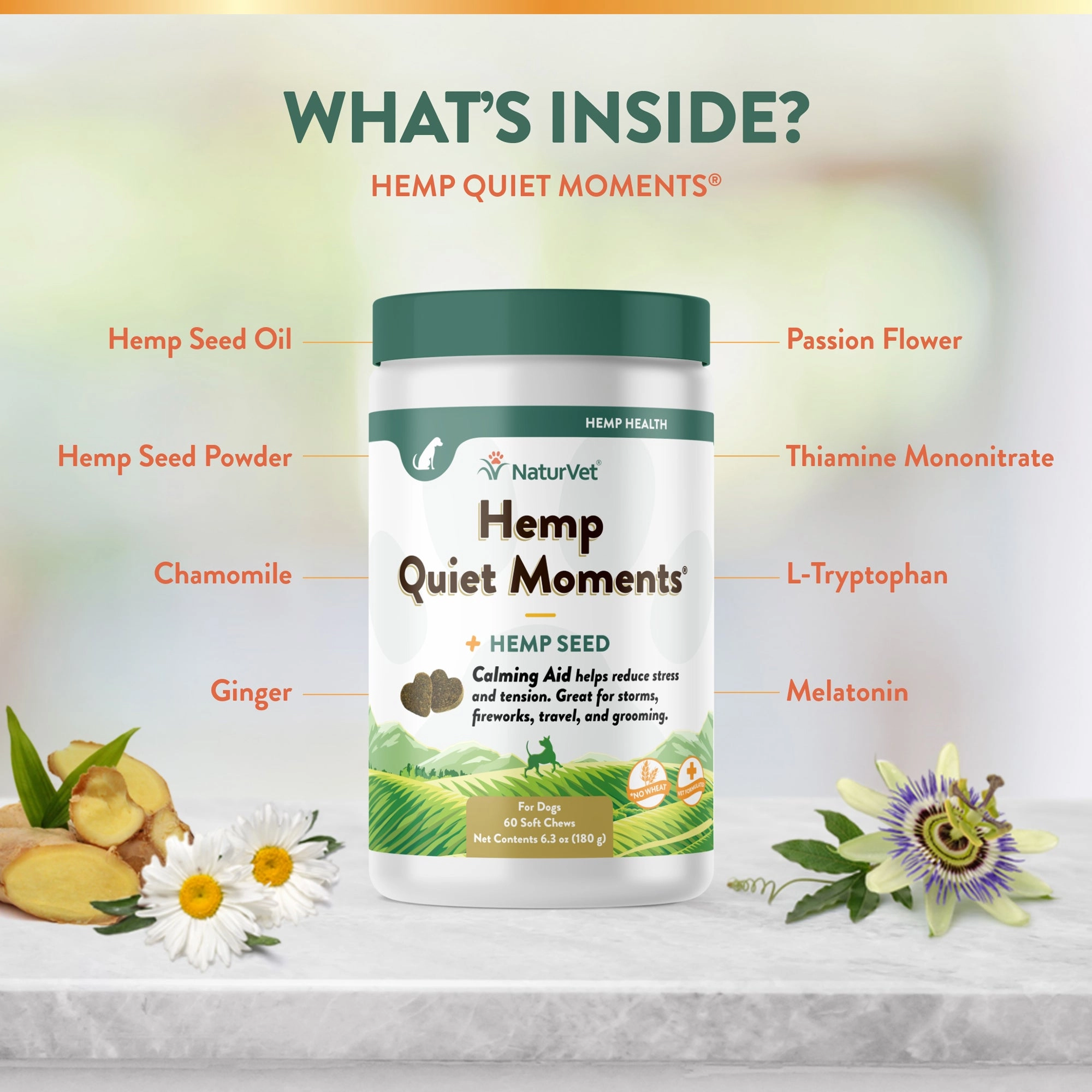 NaturVet Hemp Quiet Moments Plus Hemp Seed Soft Chew Calming Supplement Treats for Dogs