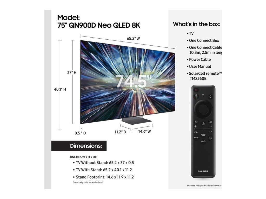 Samsung QN75QN900DF - 75 Diagonal Class (74.5" viewable) - QN900D Series LED-backlit LCD TV - Neo QLED - Smart TV - Tizen OS QN75QN900DFXZA
