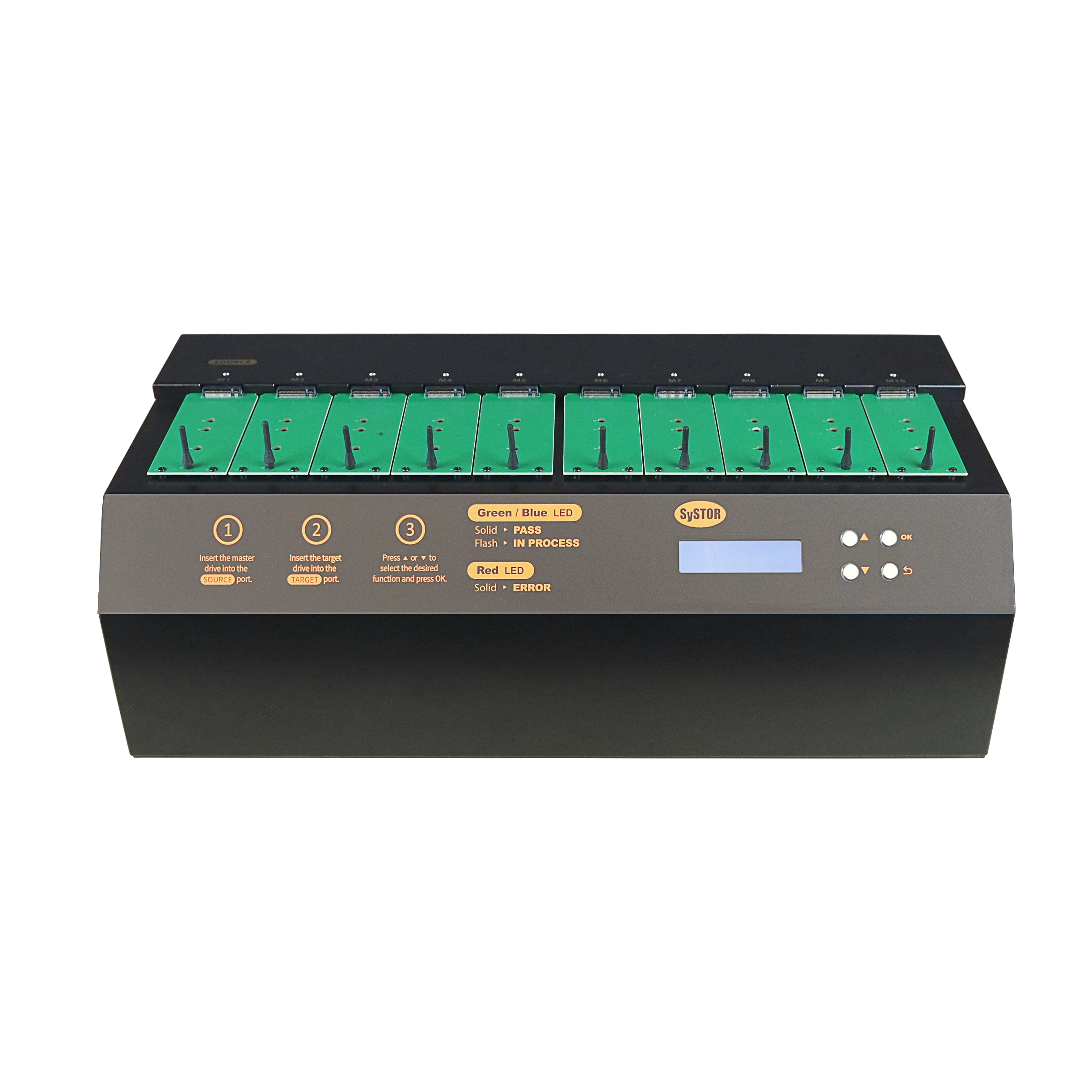 Systor 1 to 9 M.2 SATA/NVMe Duplicator & Sanitizer - up to 36GB/Min - for PCIe M2 Drives (SYSNVME-YL06REG09)