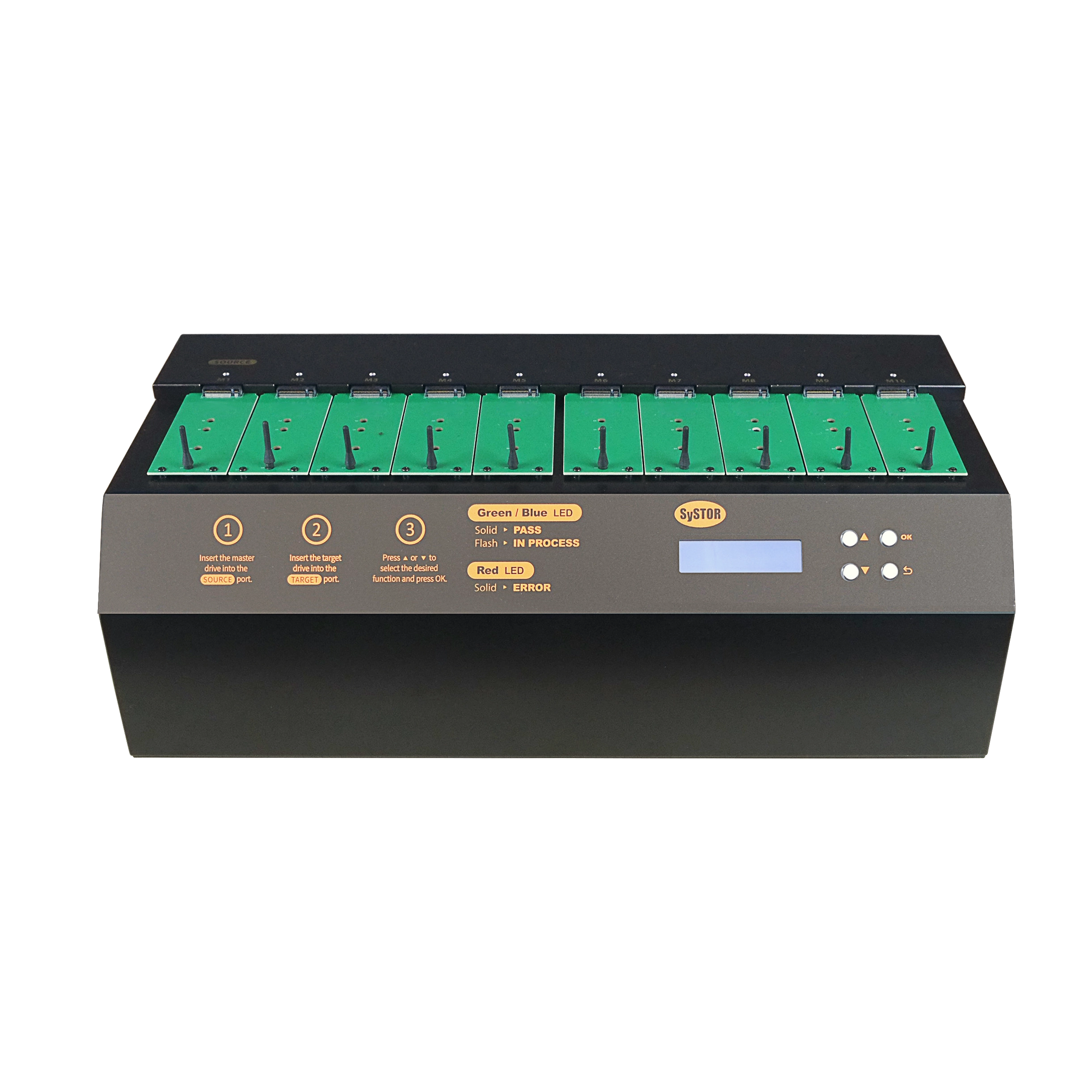 Systor 1 to 9 NVMe/SATA M.2 Duplicator & Sanitizer - up to 18GB/Min - for PCIe M2 Drives (SYSNVME-YL03REG09)